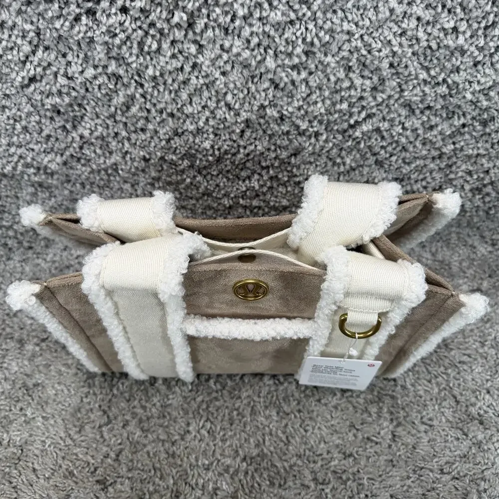 lululemon Boxy Mini Tote Bag Faux Shearling Trim Brown Ivory NWT